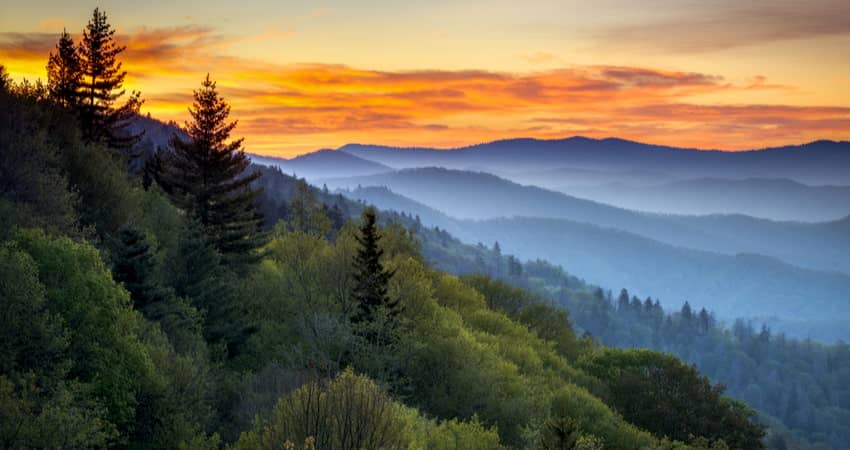 view across the Great Smokey Mountains at sunset