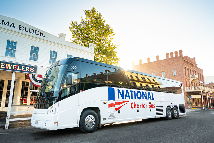 a parked charter bus with National branding