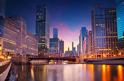 The Chicago skyline at dusk