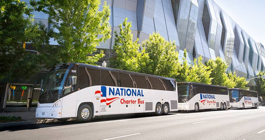 A line of charter buses with National Charter Bus branding outside a stadium