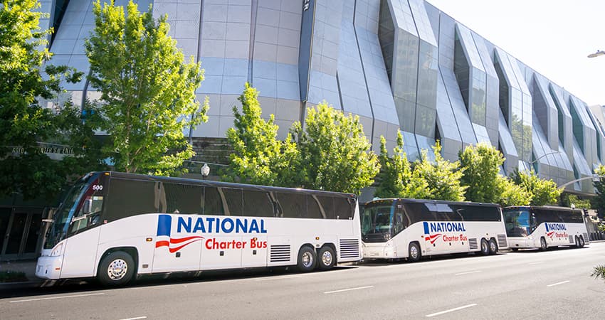 A line of National Charter Bus branded buses parked in front of a stadium