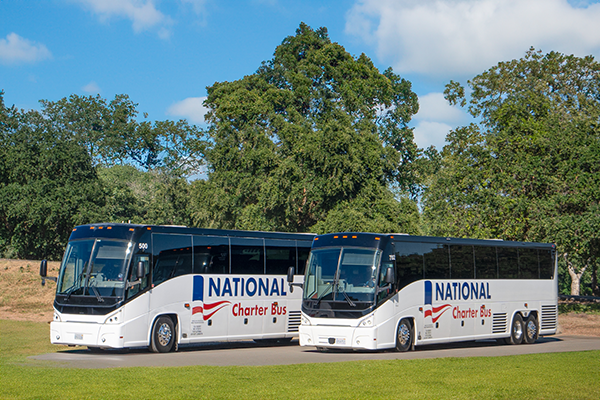 two parked charter buses