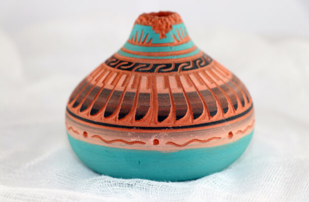 A colorful piece of pottery art in the Heard Museum collection