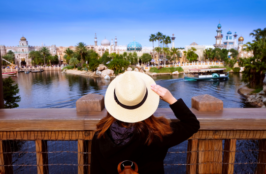 a woman overlooks universal studios