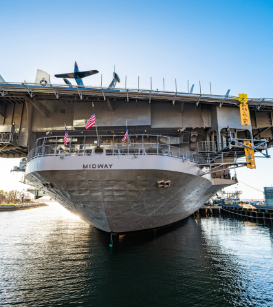 The USS Midway ship floating in the water