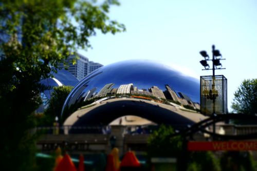 The Cloud Gate sculpture in Millennium Park in Chicago at dusk