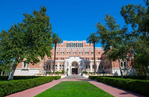 Edward L. Doheny Jr. Memorial Library on University of Southern California (USC) in downtown Los Angeles, California CA, USA.