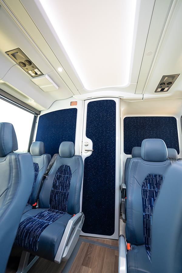 a charter bus with onboard restroom