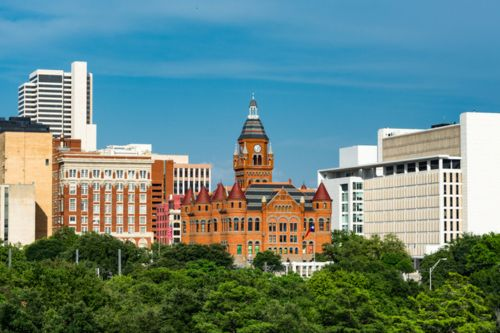 the Downtown Dallas skyline with the Old Red Museum