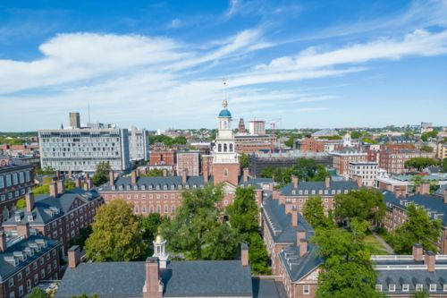 aerial view of the lowell building on harvard university campus