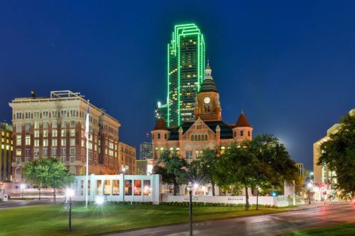 The Old Red Museum with the Dallas skyline in the background at night